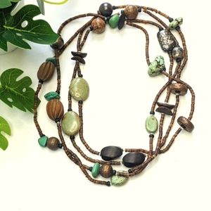 Wooden beads, real stones, and mixed metals long strand necklace